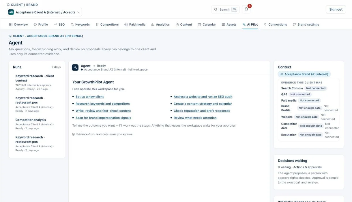 GrowthPilot Agent workspace: a list of recent runs, the Agent's capability summary for the selected client, the evidence context panel and quick actions such as Run an SEO audit